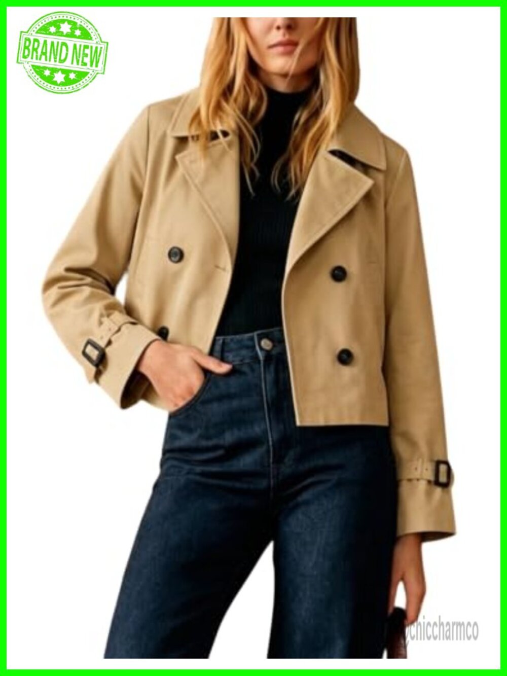 Womens Cropped Trench Coat Lightweight Double Breasted Casual Jacket